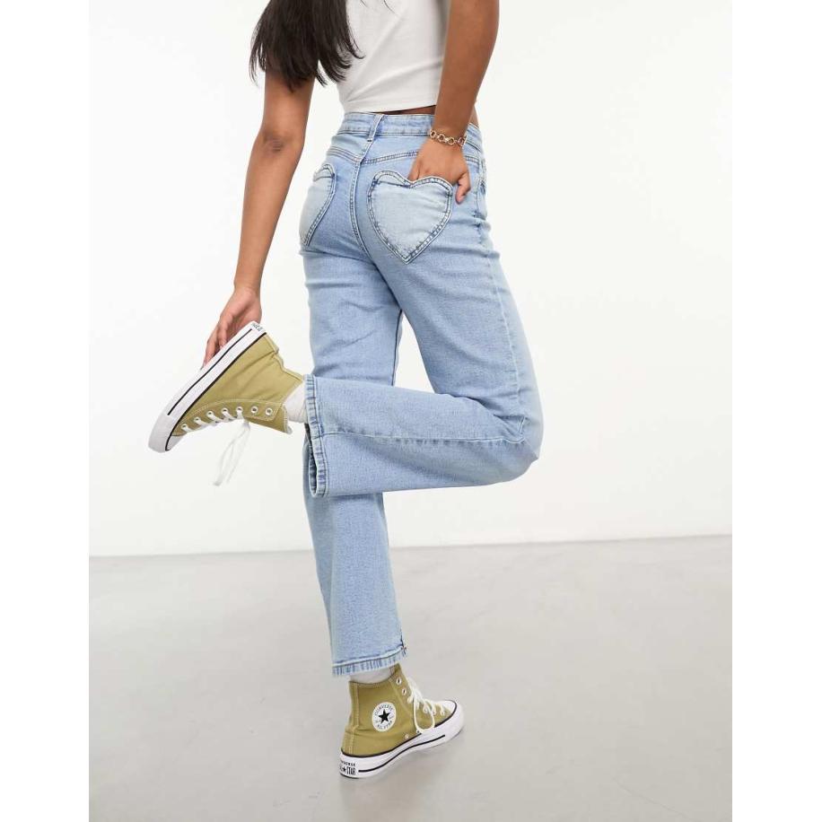 Miss Selfridge Jeans met rechte pijpen en hartvormige zakken in mid-wash blauw Blauw