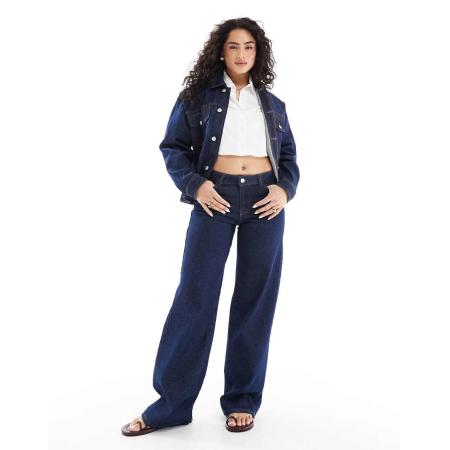 Pieces Selma Jeans met wijde pijpen in donkerblauw denim, deel van co-ord set-Marineblauw