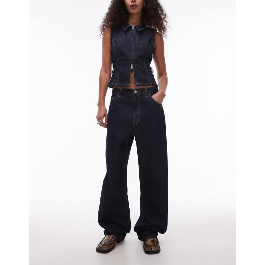 Topshop Jeans met halfhoge taille en wijde ronde pijpen in indigo wassing-Blauw Blauw