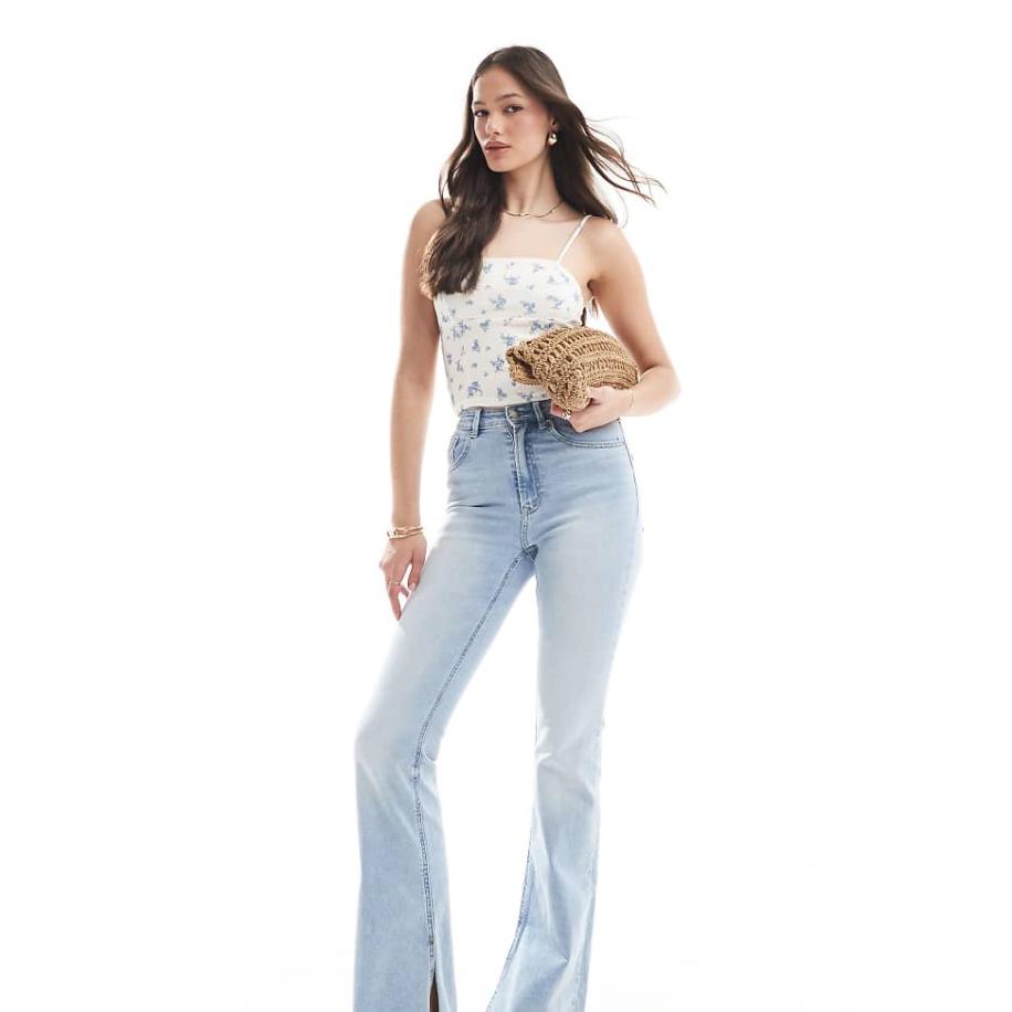 Stradivarius Tall D74 Flared jeans met split in lichte wassing-Blauw Blauw