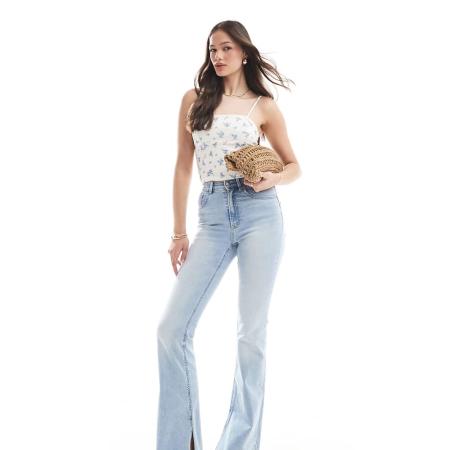 Stradivarius Tall D74 Flared jeans met split in lichte wassing-Blauw