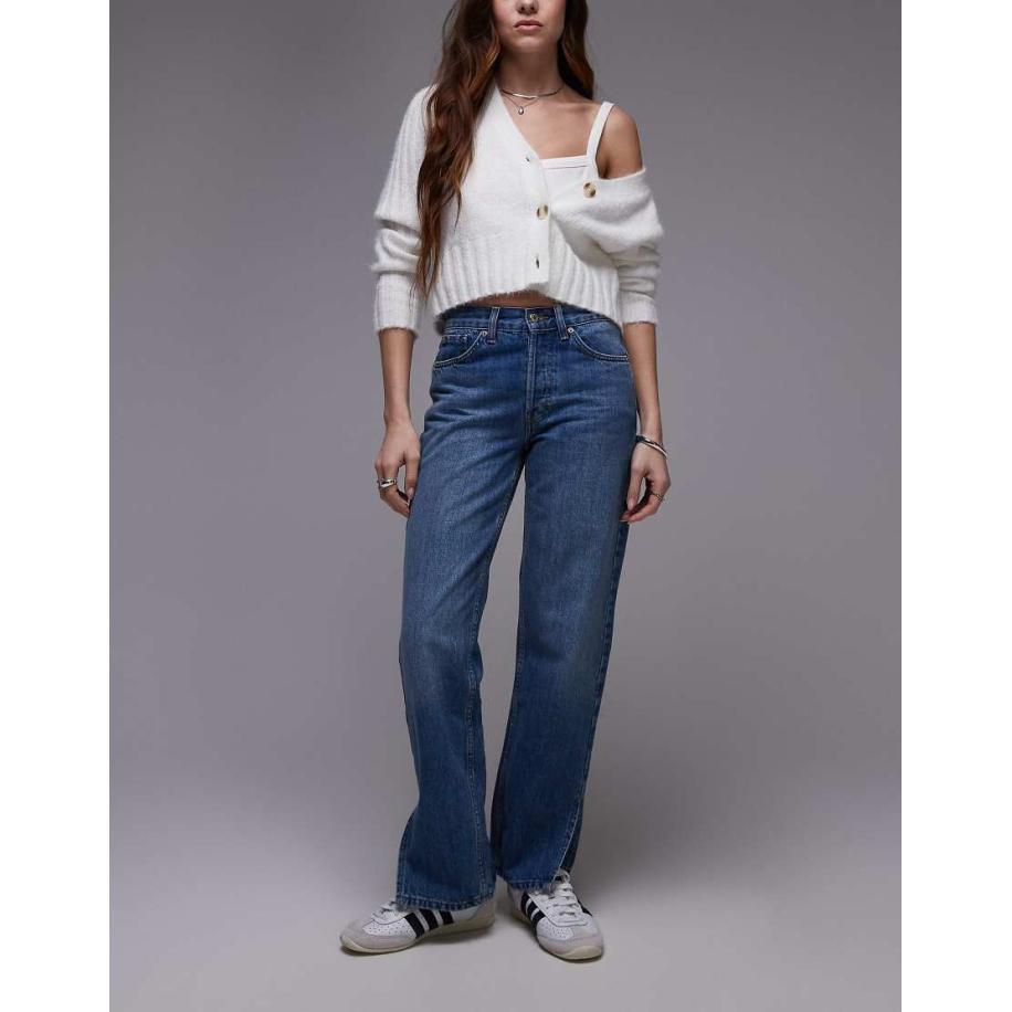 Topshop Runway Rechte jeans met halfhoge taille en zijsplit in middenblauw Blauw