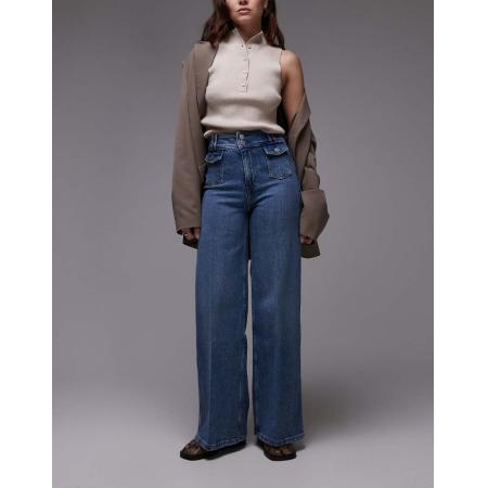 & Other Stories Jeans met wijde pijpen, hoge taille, tailleband met dubbele knoop en zakdetail in mid-wash blauw