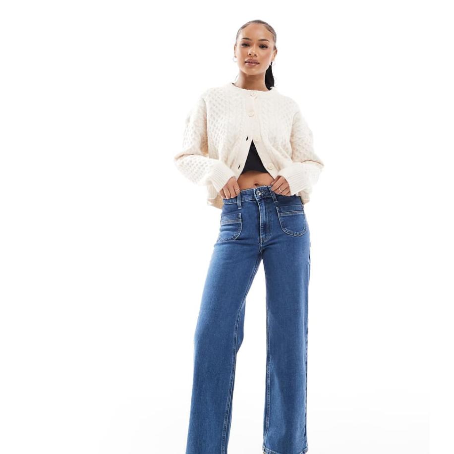 ONLY Petite Juicy Jeans met wijde pijpen, hoge taille en zakdetail in mid-wash blauw Blauw