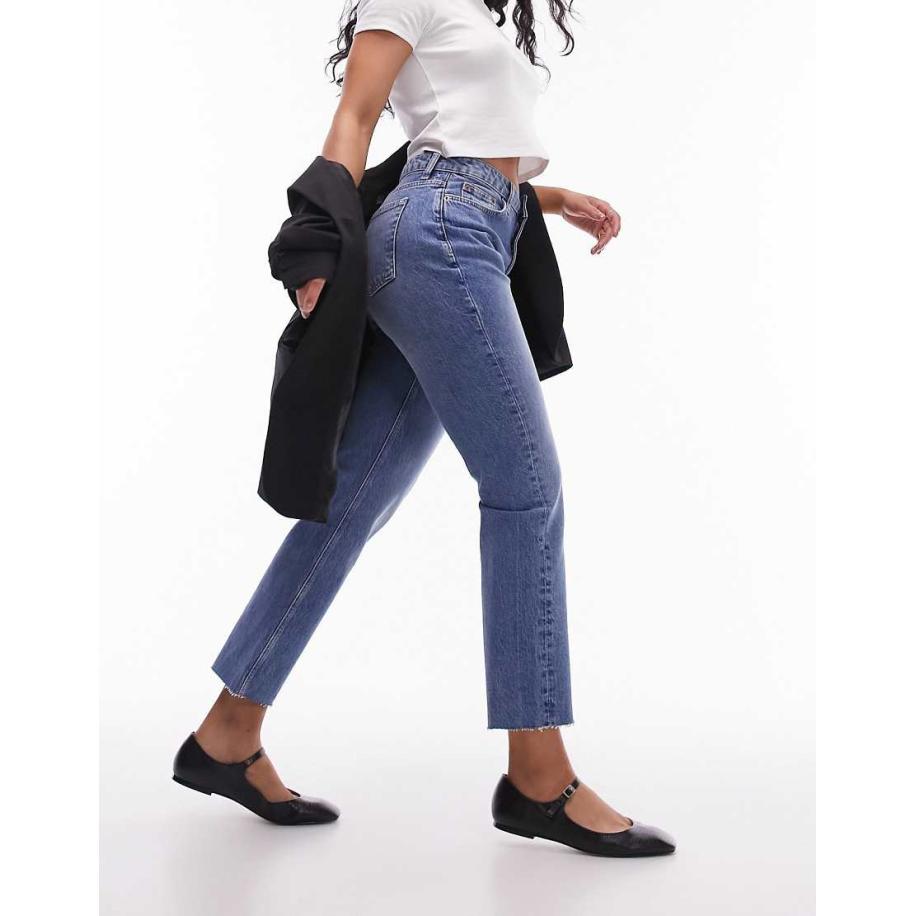 Topshop Hourglass Rechte cropped jeans met halfhoge taille en onafgewerkte naden in middenblauw Blauw
