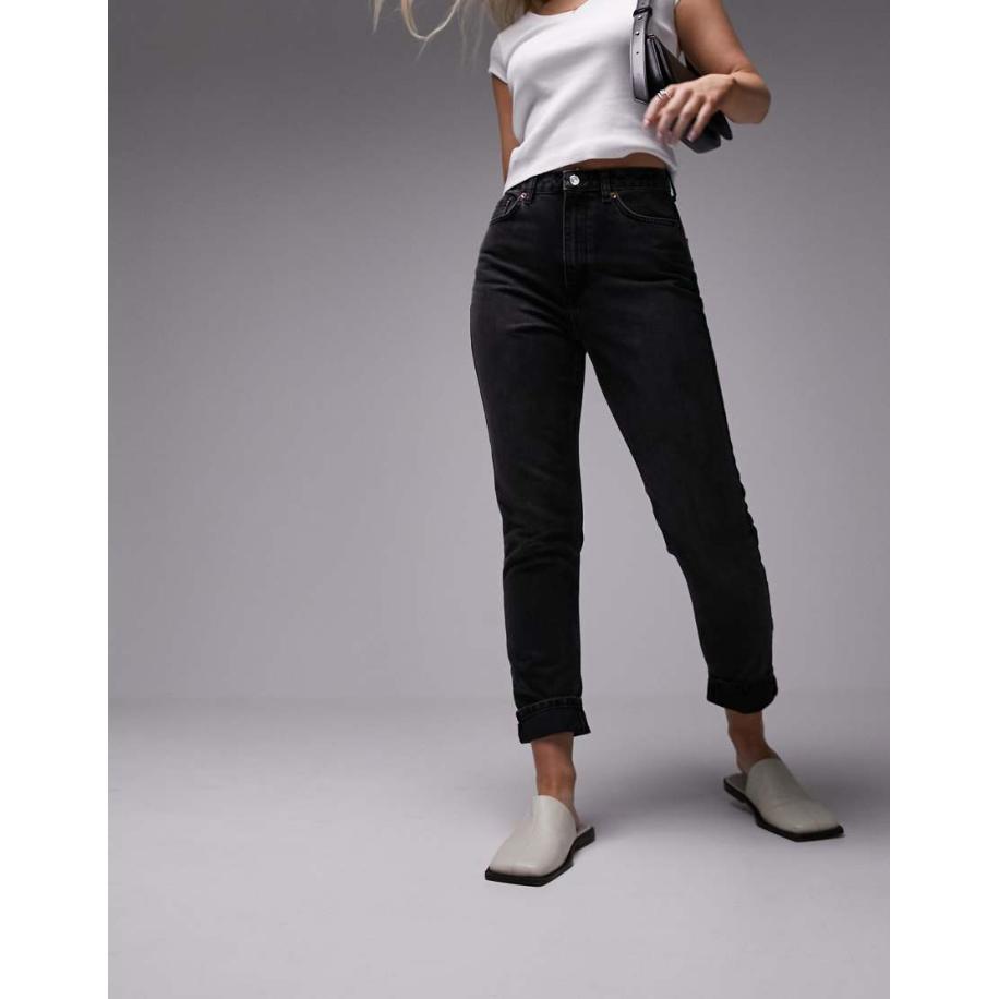 Topshop Hourglass Original Mom jeans met hoge taille in zwart met wassing Zwart