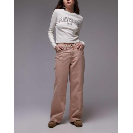 Topshop Jeans met halfhoge taille en rechte losse pasvorm in roze