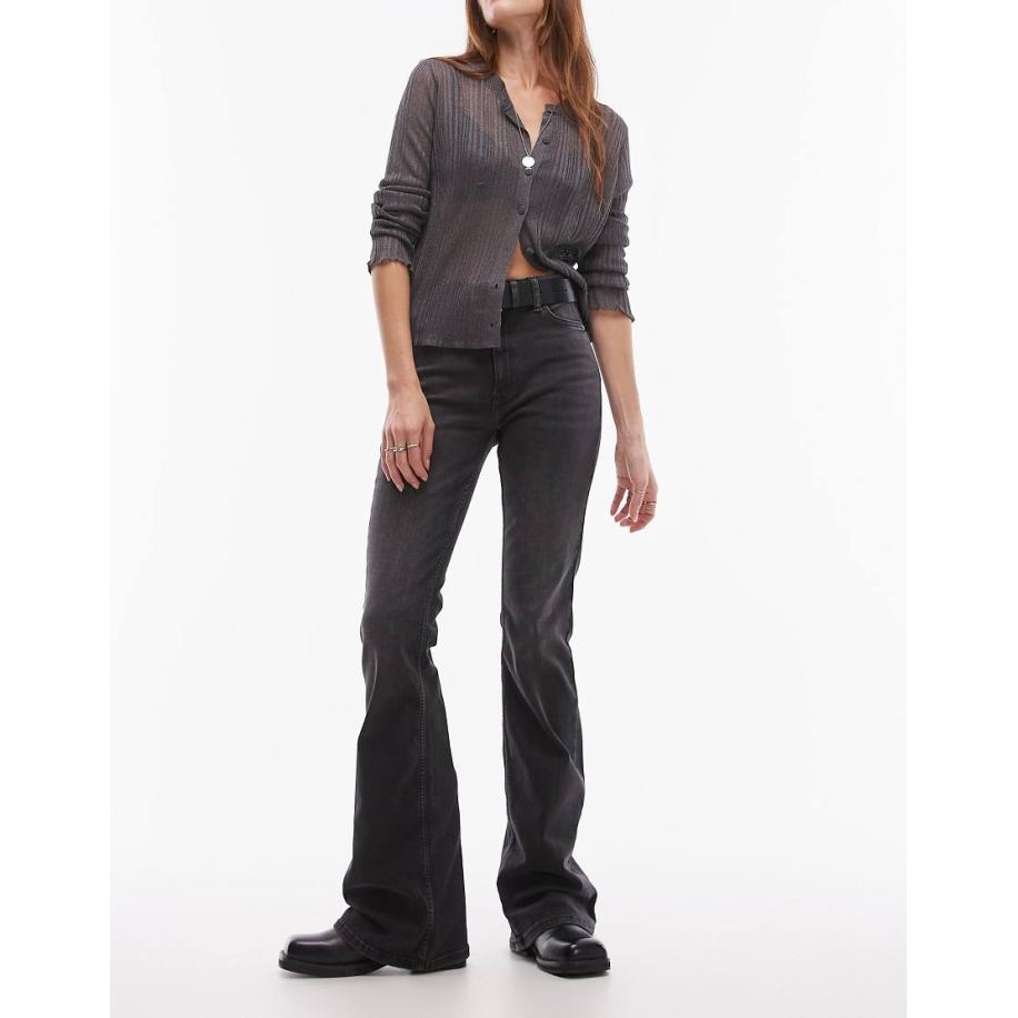 Topshop Jamie Flared jeans met hoge taille in zwart met wassing Zwart