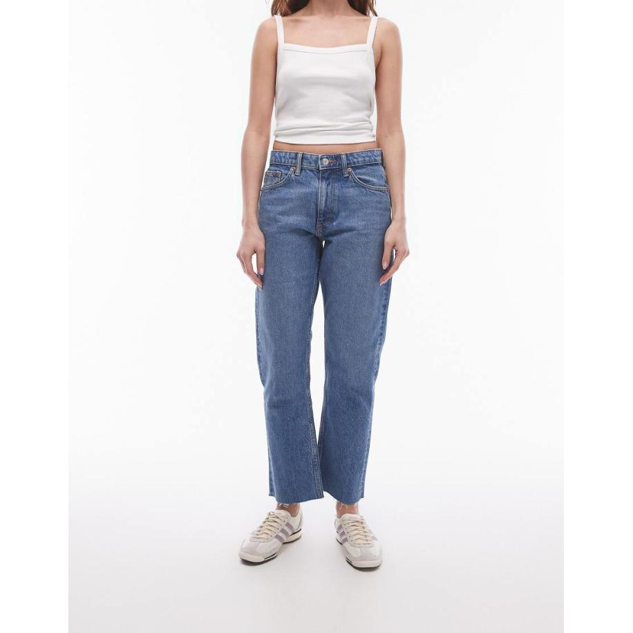 Topshop Cropped rechte jeans met halfhoge taille en onafgewerkte zoom in middenblauw Blauw