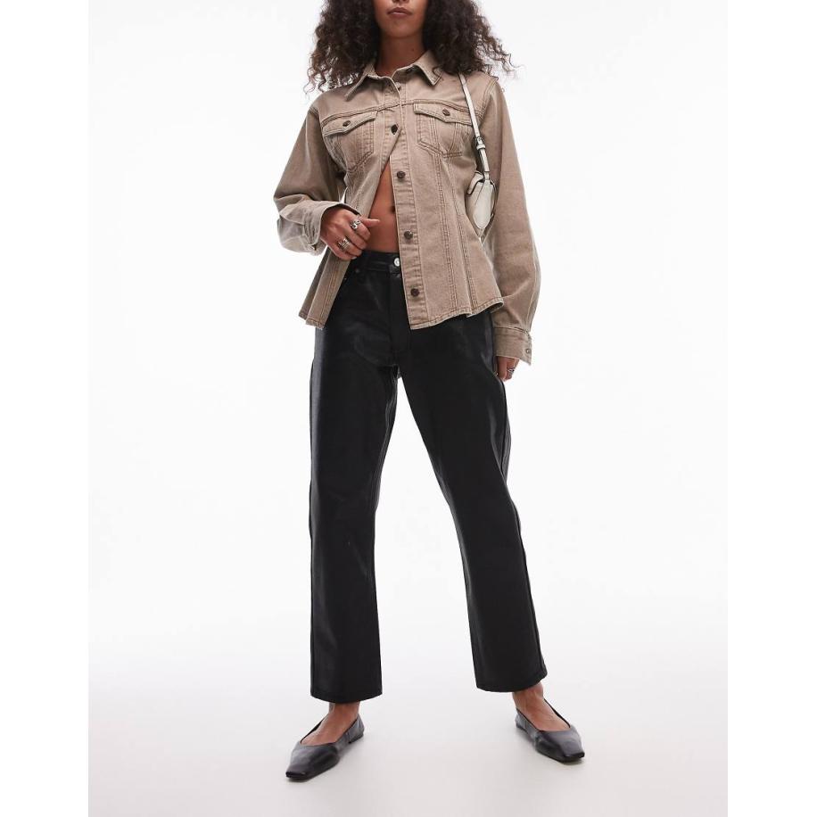 Topshop Cropped rechte jeans met coating en halfhoge taille in zwart Zwart