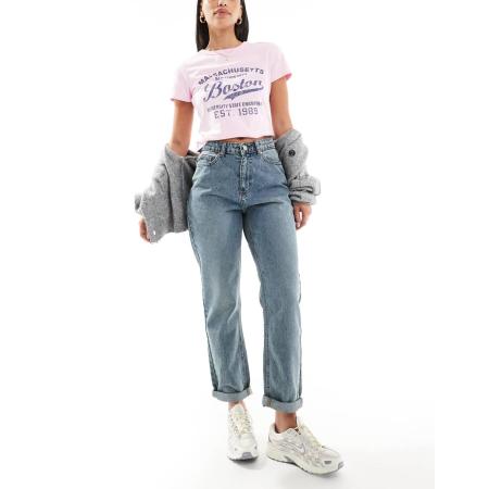 DTT Veron Ruimvallende mom jeans in vintage tint met wassing-Blauw