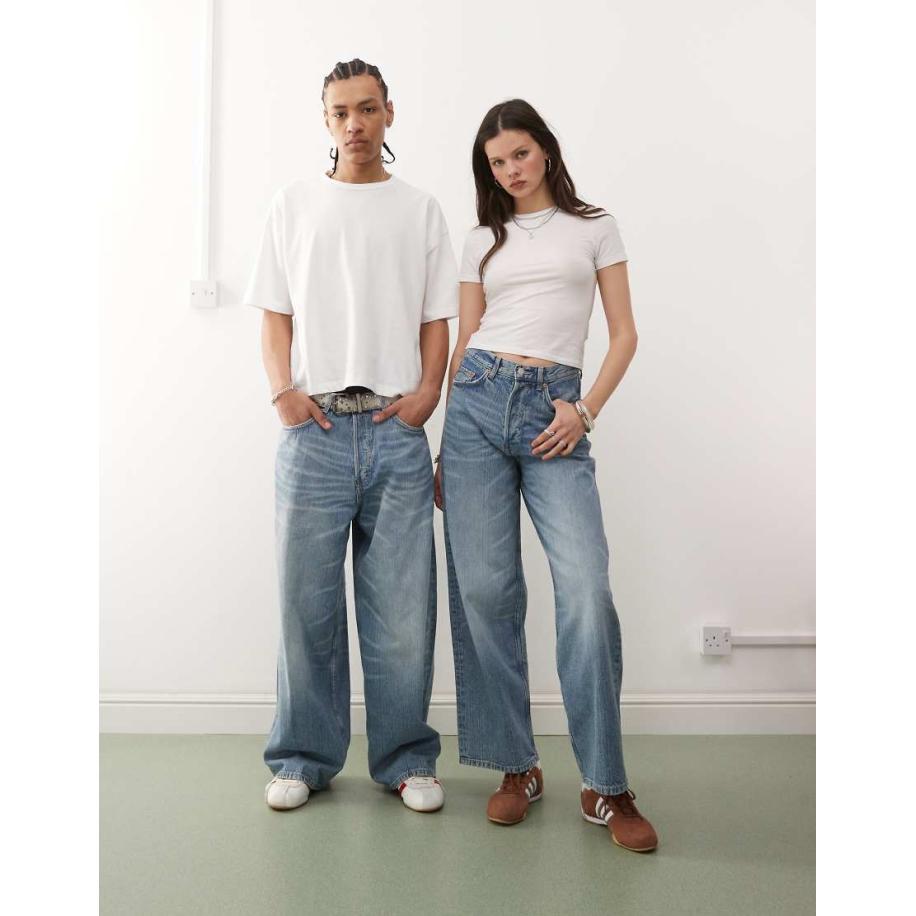 Weekday Astro Unisex baggy jeans met wijde pijpen in blauw Blauw