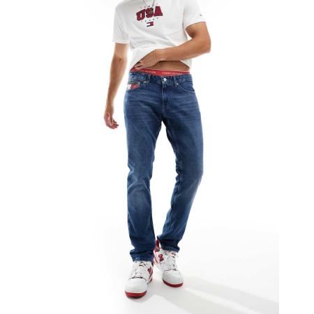 Tommy Jeans - Scanton - Smalle jeans met mid-wash en vlagdetail-Blauw