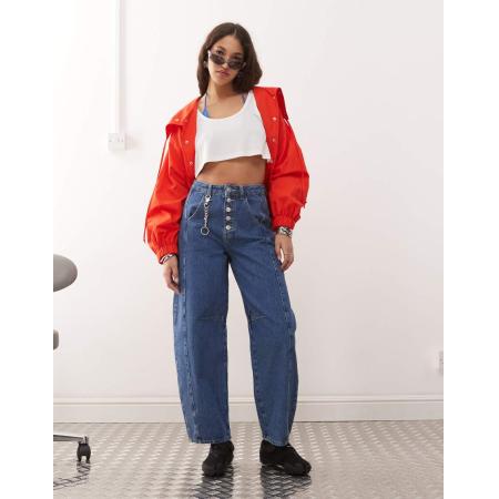 ASOS DESIGN Jeans met wijde ronde pijpen, hoge taille en knoopgulp in middenblauw