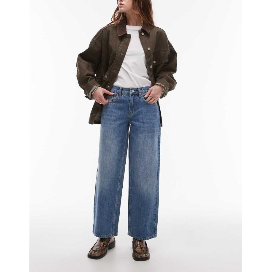 Topshop Petite Ruimvallende jeans met lage taille in middenblauw Blauw