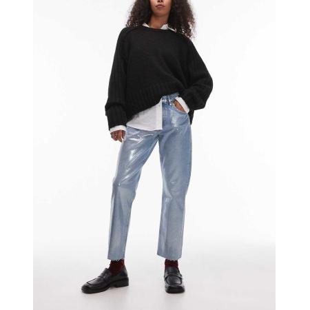 Topshop Cropped rechte jeans met halfhoge taille en zilverfolie in bleek-Blauw