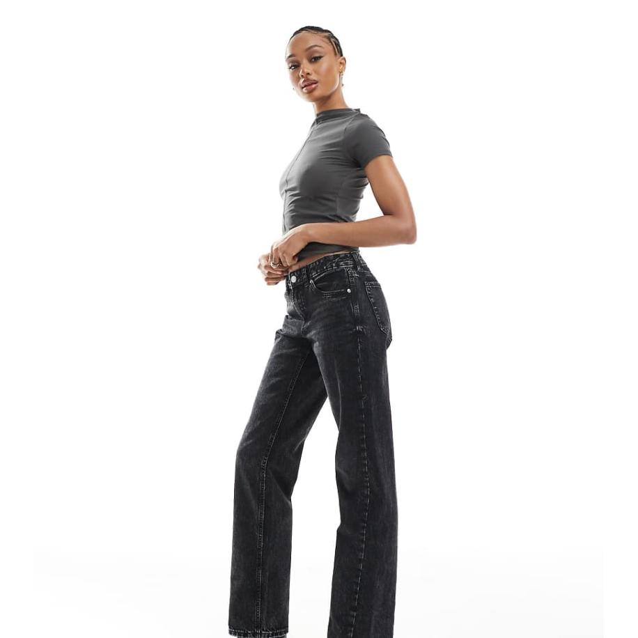 Stradivarius Tall D03 Jeans met rechte pijpen en lage taille in zwarte wassing Zwart