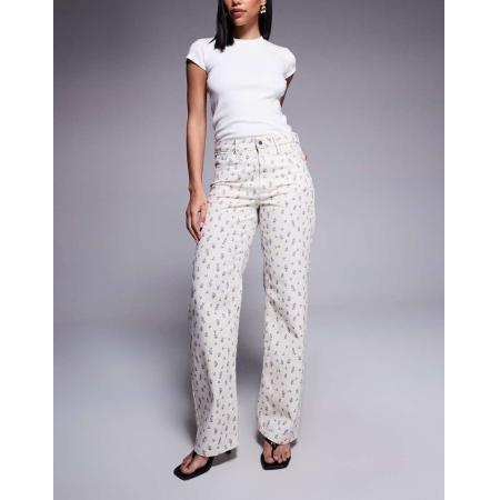 River Island Ruimvallende rechte jeans met fijne bloemenprint in ecru-Neutraal