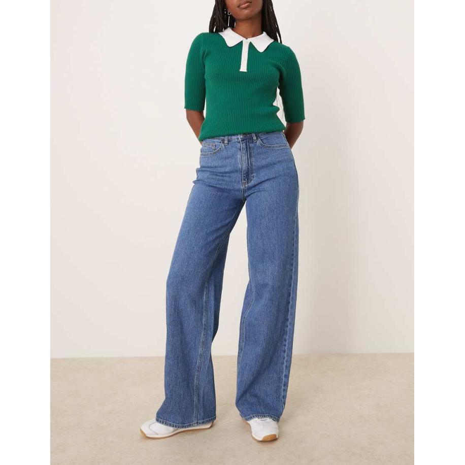 VILA Freya Jeans met wijde pijpen en hoge taille in middenblauw denim Blauw