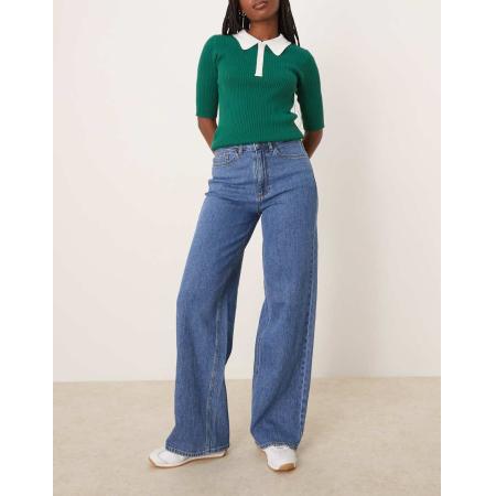 VILA Freya Jeans met wijde pijpen en hoge taille in middenblauw denim