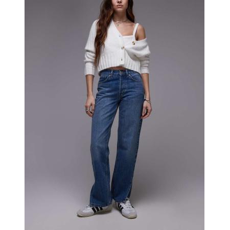 Topshop Runway Rechte jeans met halfhoge taille en zijsplit in middenblauw