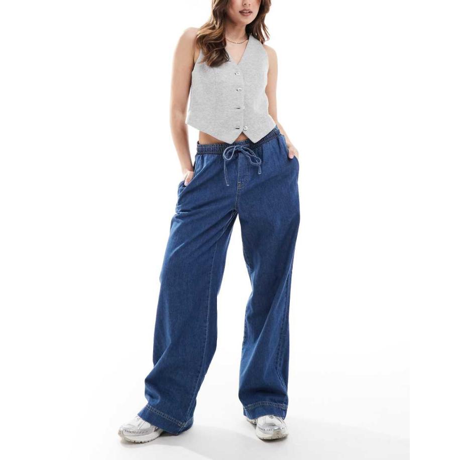 Pieces Jeans met trekkoord in de taille en wijde pijpen in donkerblauw denim-Marineblauw Blauw