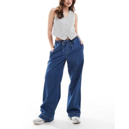 Pieces Jeans met trekkoord in de taille en wijde pijpen in donkerblauw denim-Marineblauw