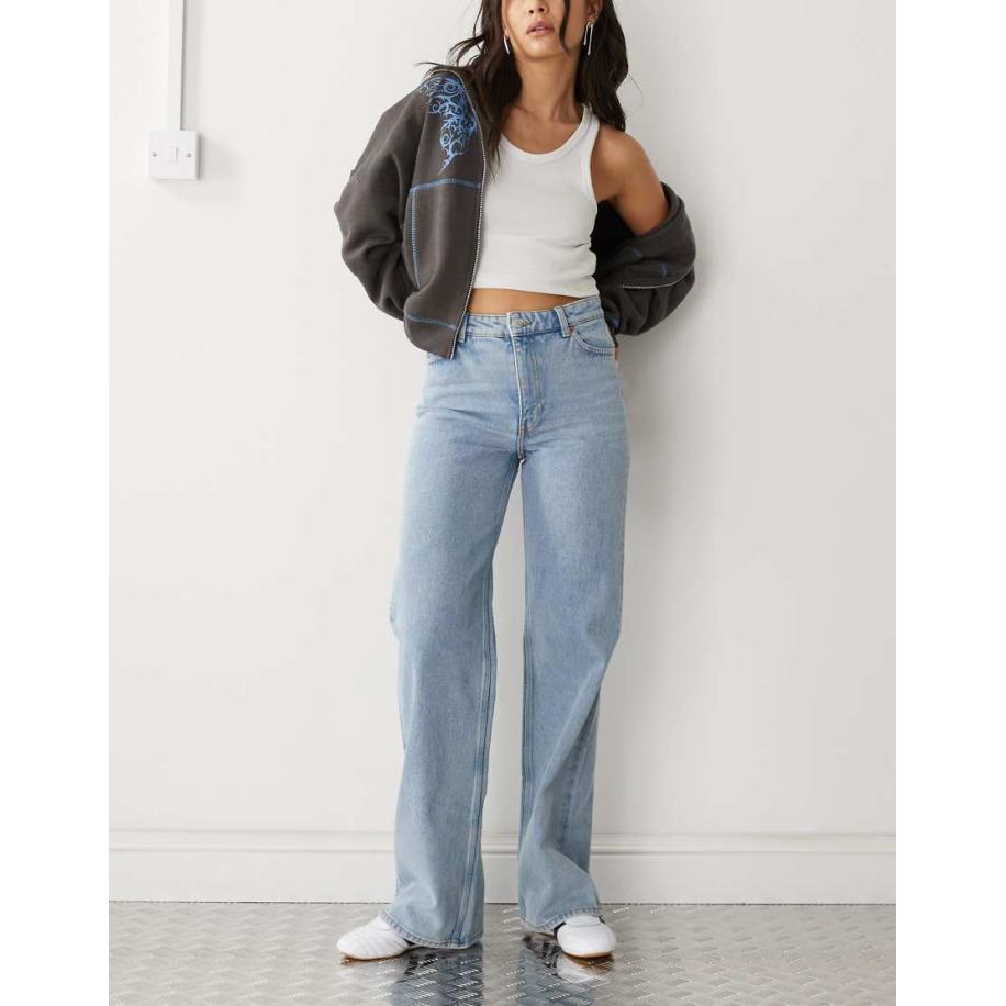 Monki Yoko Jeans met wijde pijpen en hoge taille in middenblauw Blauw