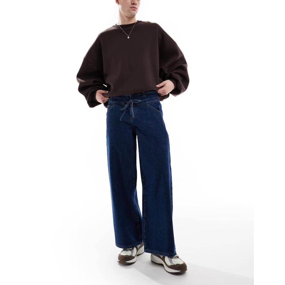 ASOS DESIGN - Super baggy jeans met dubbele tailleband en mid-wash in blauw Blauw
