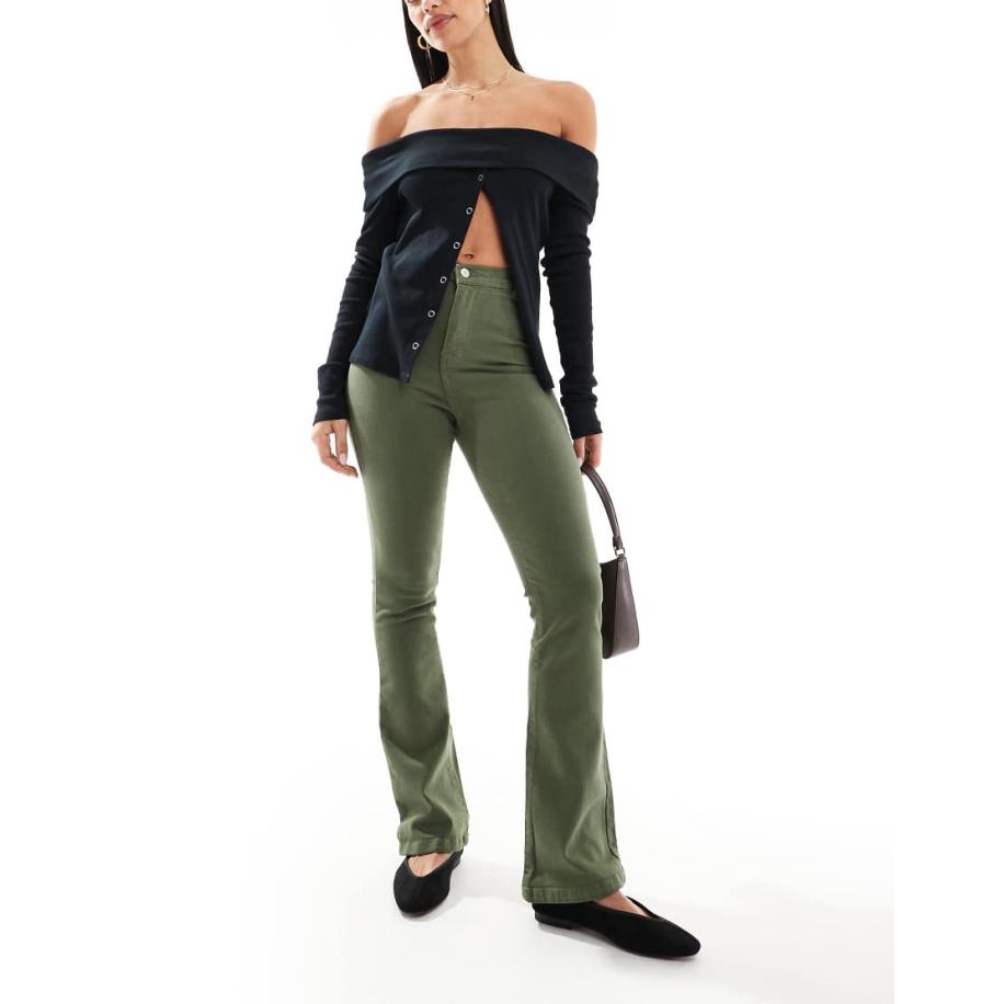 DTT Bianca Flared jeans met hoge taille in kaki-Groen Groen