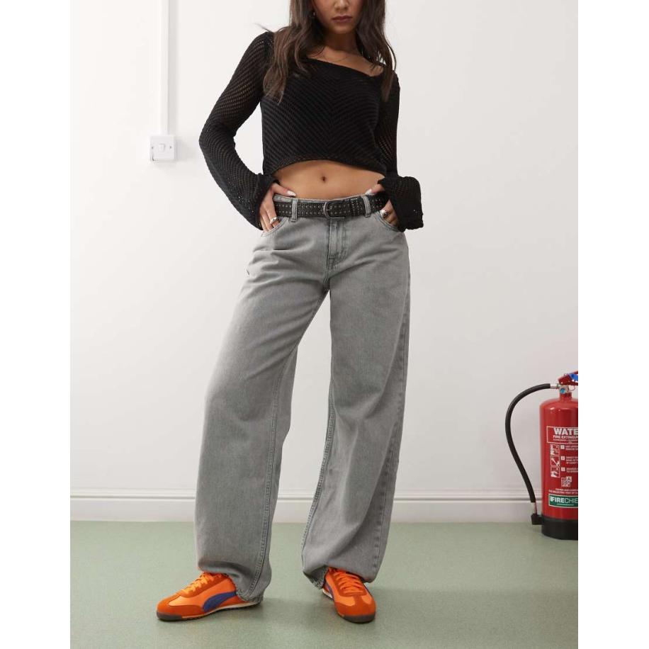 Dr Denim Hill Ruimvallende jeans met wijde rechte pijpen, lage taille en marmerprint in grijze wassing-Grijs Grijs