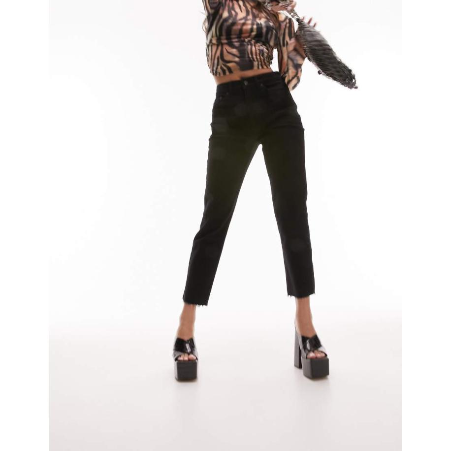 Topshop Hourglass Cropped rechte jeans met halfhoge taille en onafgewerkte zoom in zwart-Black Zwart