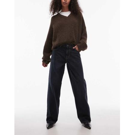 Topshop Ruimvallende jeans met lage taille en riempje in zwart-Marineblauw