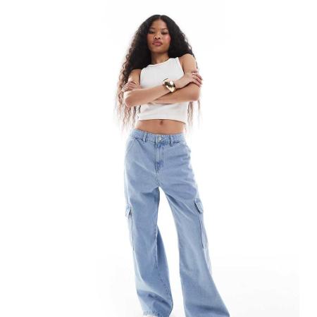 DTT Petite Dom Cargojeans met rechte pijpen in lichtblauw