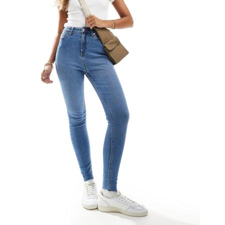 Miss Selfridge Skinny jeans met hoge taille en wassing in middenblauw