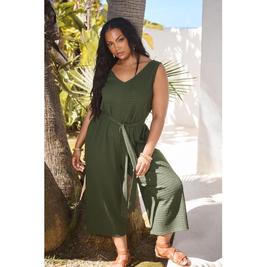 Yours Jumpsuit Zonder Mouwen Met Textuur En Wijde Pijpen In Kakigroen Size 66-68 Groen