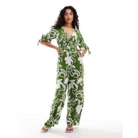ASOS DESIGN Jumpsuit met gerimpelde taille en bloemenprint in groen-Veelkleurig