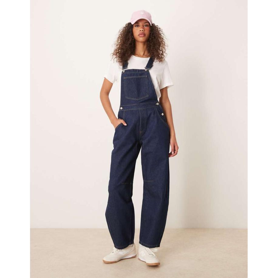 ASOS DESIGN Denim tuinbroek met wijde ronde pijpen in indigo-Marineblauw Blauw