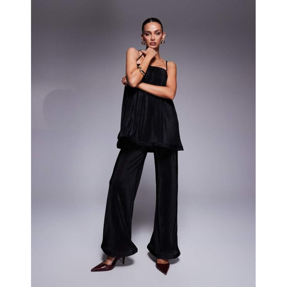 ASOS DESIGN Jumpsuit van plissé met ruches en wijde pijpen in zwart Zwart