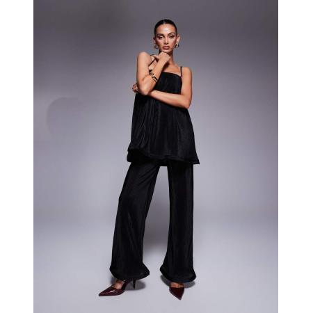 ASOS DESIGN Jumpsuit van plissé met ruches en wijde pijpen in zwart