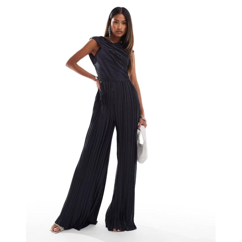 ASOS DESIGN Plissé jumpsuit met gedraaid effect en afhangende schouder in antraciet-Grijs Grijs