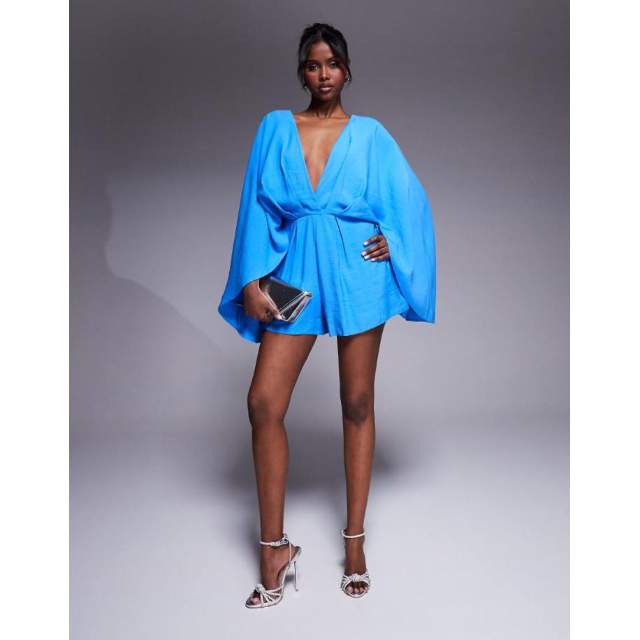 ASOS DESIGN Diepuitgesneden playsuit met overdreven mouwen in kobaltblauw Blauw