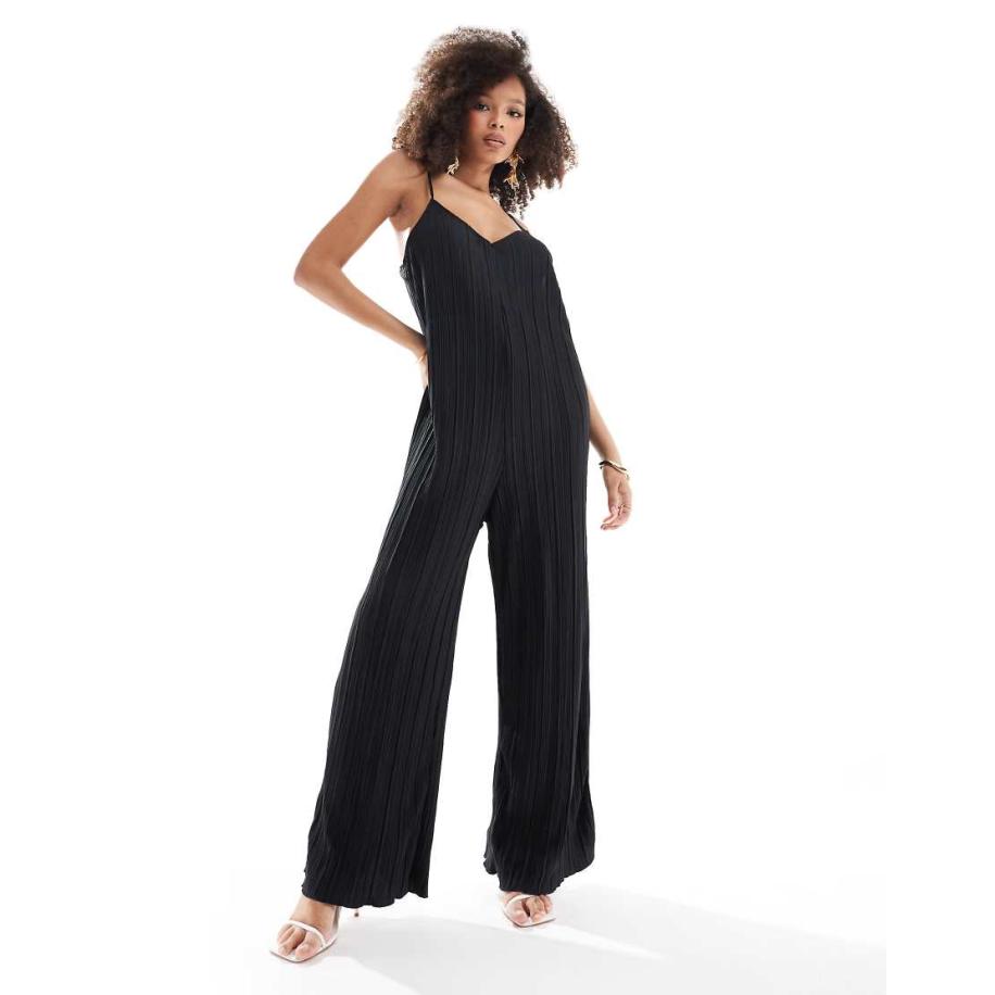 Vero Moda Plissé jumpsuit met bandjes en extreem wijde pijpen in zwart Zwart