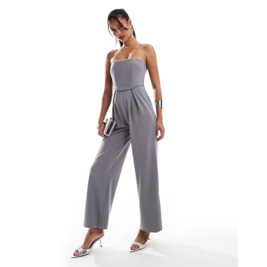 ASOS DESIGN Jumpsuit met korset, bandeau-halslijn en wijde pijpen in rookgrijs Grijs