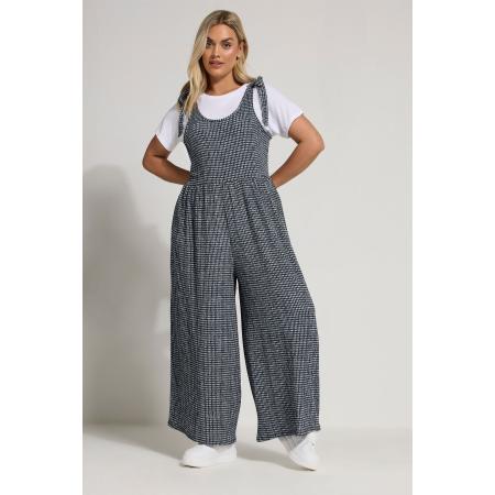 Yours Jumpsuit Met Textuur, Gingham Ruit En Strikbandjes In Donkerblauw Size 50-52