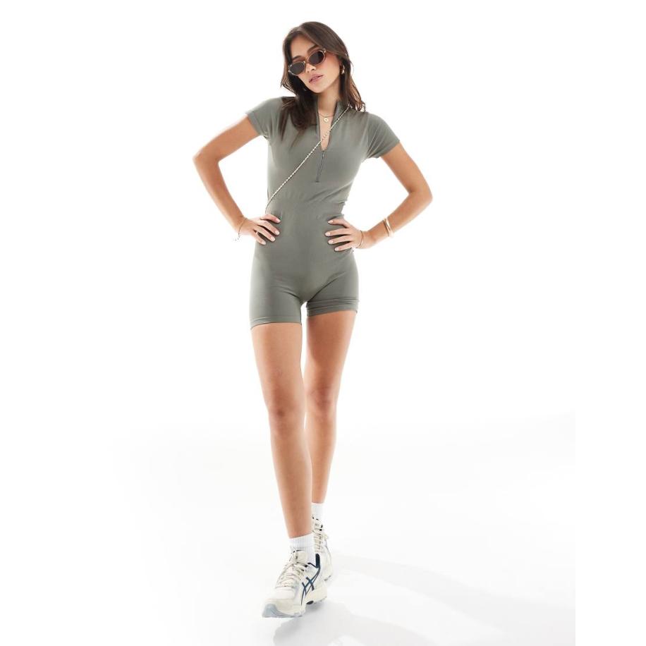 Miss Selfridge Naadloze unitard met korte mouwen in kaki-Groen Groen