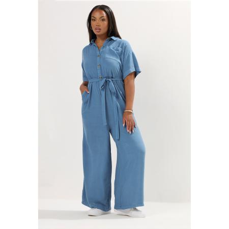 Yours Chambray Jumpsuit Met Korte Mouwen En Wijde Pijpen In Blauw Size 62-64