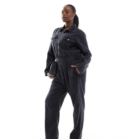 ASOS DESIGN Curve- Denim overall met rits en elastische tailleband in zwart met wassing