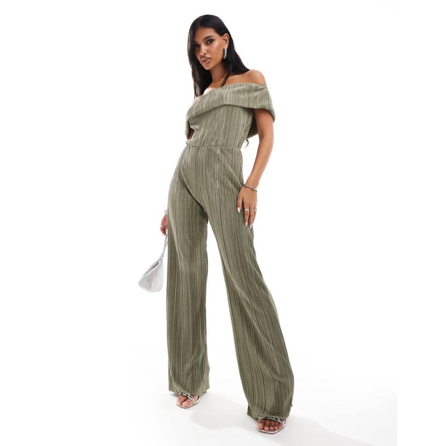 ASOS DESIGN Plissé bardot-jumpsuit met wijde pijpen in kaki-Groen Groen