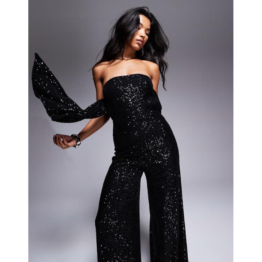 ASOS DESIGN Bandeau-jumpsuit met lovertjes, gedrapeerde rug en wijde pijpen in zwart Zwart